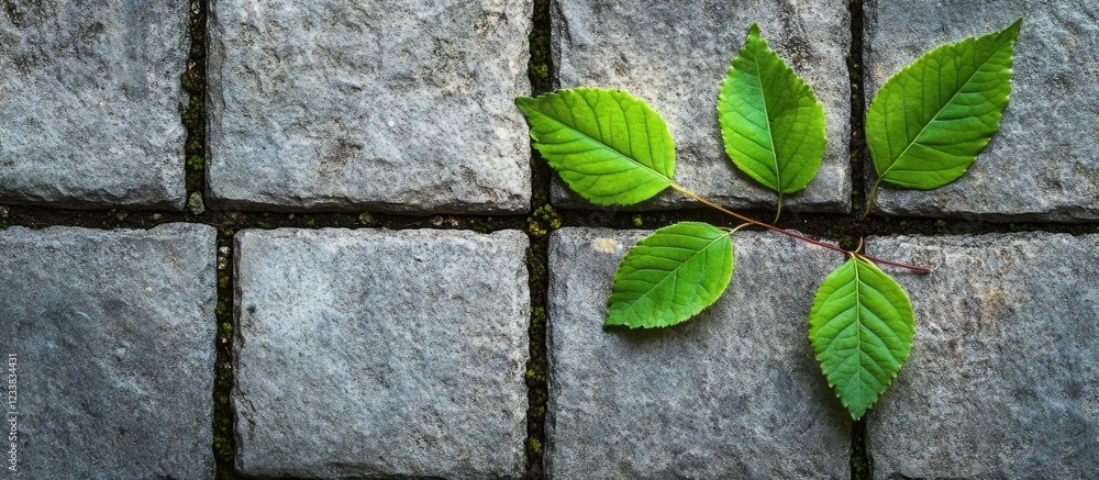 Aufkleber green leaves growing between gray stone tiles with visible texture and copy space for text placement