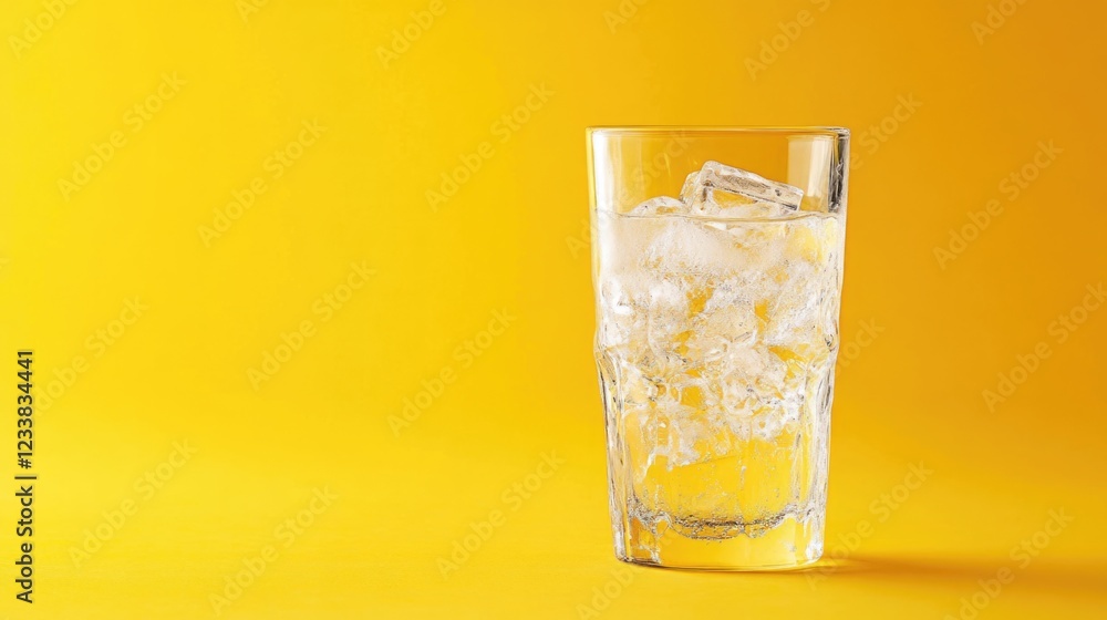 Poster refreshing transparent beverage in a tall glass with ice cubes on a vibrant yellow background featur