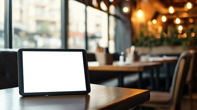 Tablet Computer with Blank Screen on Table in Modern Restaurant Interior During Daylight