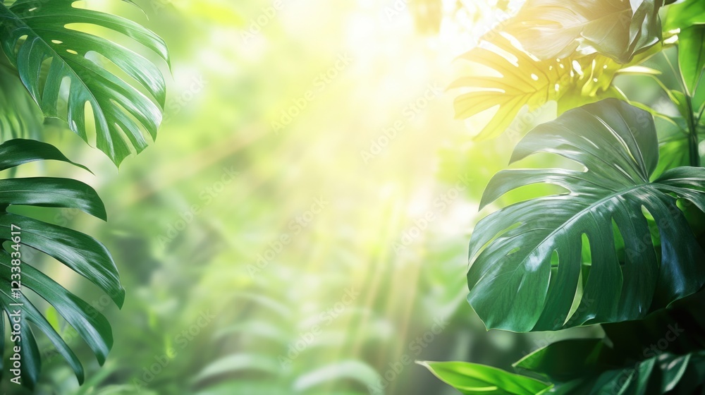 Aufkleber sunlight shining through vibrant tropical foliage creating a serene atmosphere with space for text o