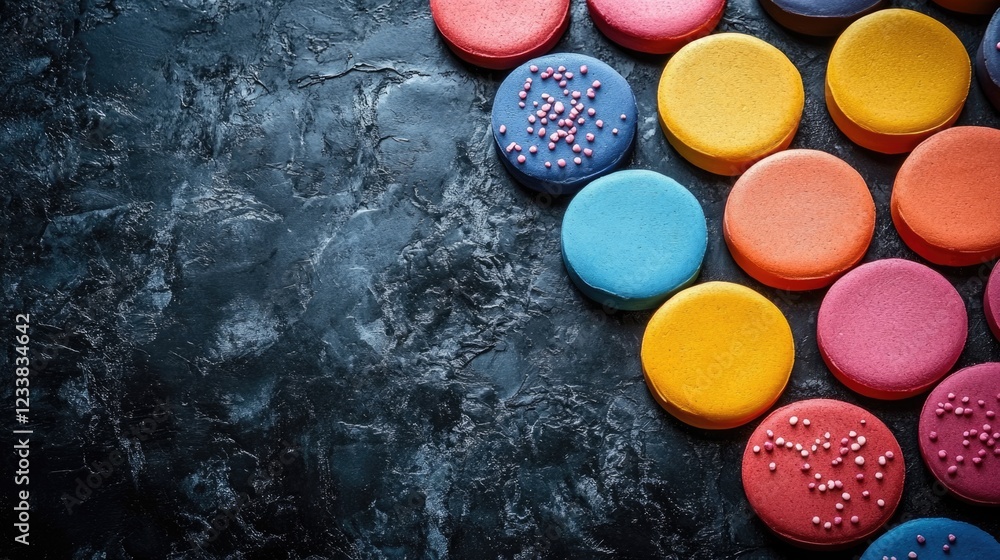 Poster colorful modeling clay circles arranged on a dark textured background with space for text creating a