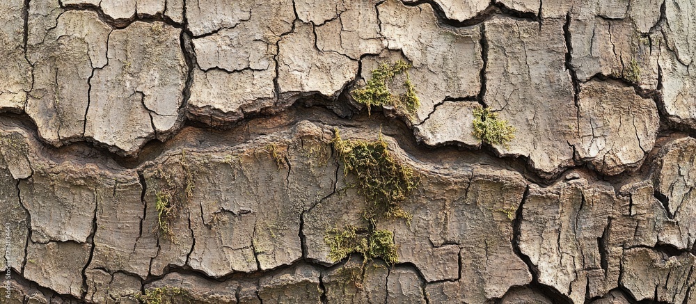 Poster close-up of weathered tree bark texture with visible cracks and small patches of moss.