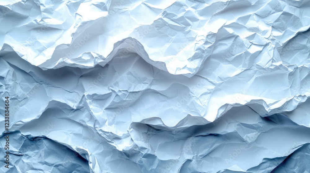Poster crumpled paper texture with negative space for creative text design or messages on a light blue back