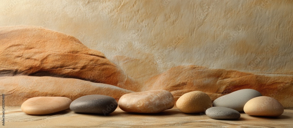 Aufkleber smooth pebbles on sandy surface with rock background and copy space