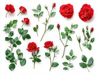Red rose blossom and green leaves on a white background floral arrangement nature flat lay