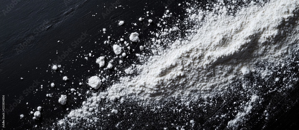 Poster white powder on a black surface with splashes creating dynamic textures and patterns copy space