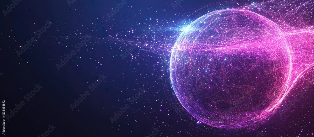 Poster futuristic globe in space with dark event horizon and abstract nebula light streams illustrating int