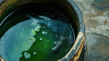 Rustic pot filled with green liquid and bubbles reflecting light
