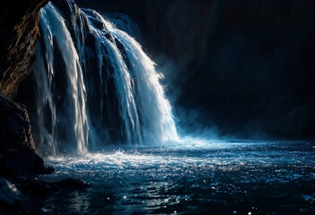 Enchanting Waterfall Cascades Under Moonlight in a Serene Forest Setting. Generative AI