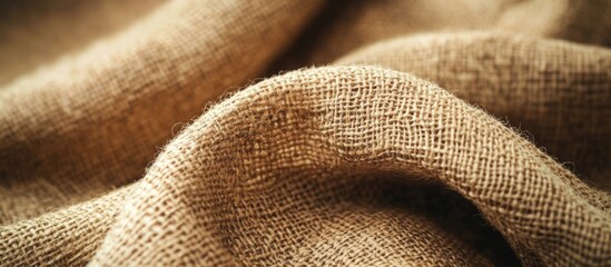 Close-up of textured brown fabric with soft folds and natural fibers in warm lighting with Copy Space
