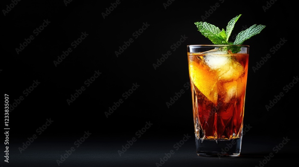 Poster refreshing cold beverage with mint and lemon garnish in a tall glass on a dark background with ample