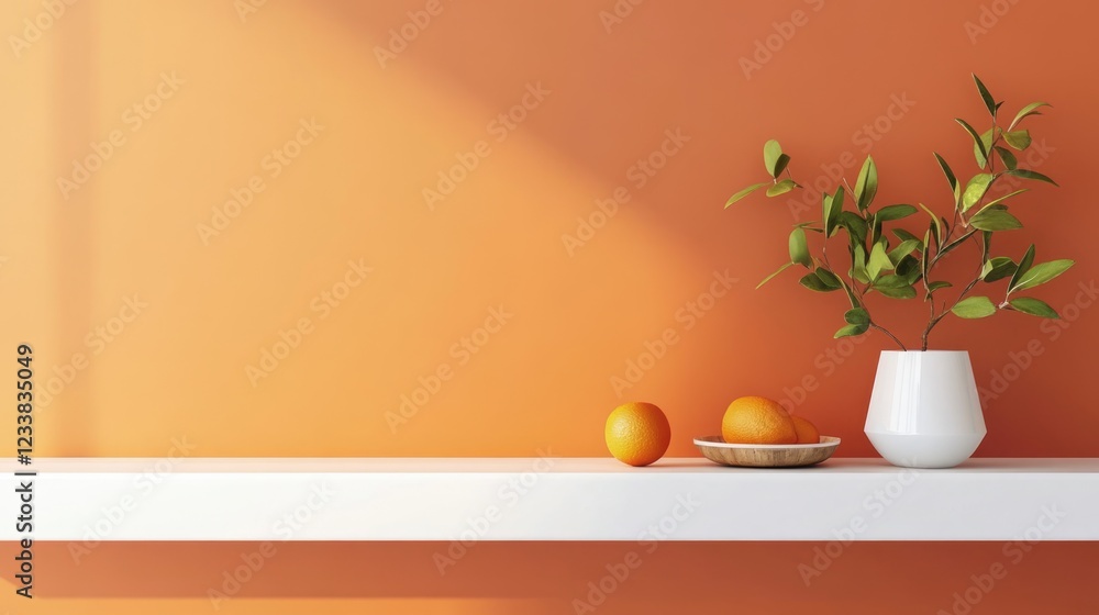 Poster tangerine and white color palette display in modern interior with minimalist design and blank space 