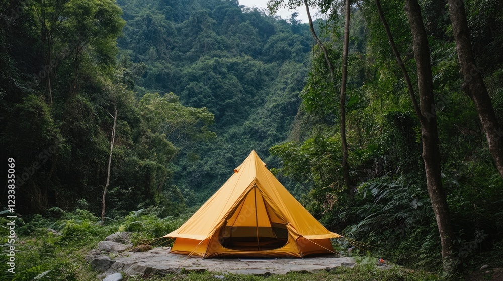 Poster yellow tent in lush forest setting with trees and dense foliage background