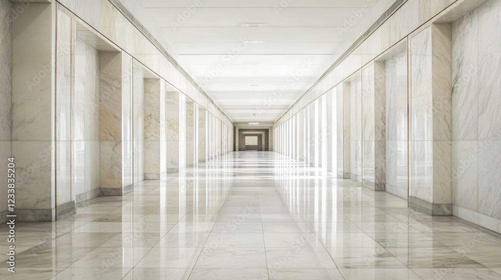 Poster Empty modern marble corridor with reflective floors and symmetrical columns