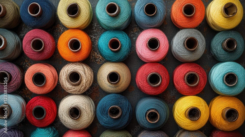 Poster assorted colorful sewing thread spools arranged in a flat lay display showcasing variety and vibranc