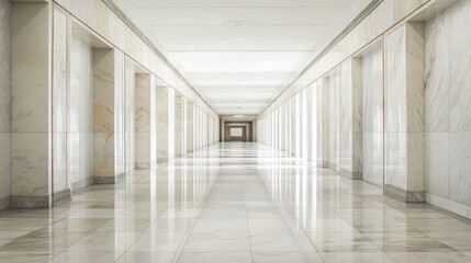 Empty modern marble corridor with reflective floors and symmetrical columns