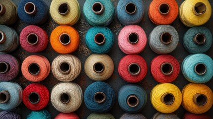 Assorted colorful sewing thread spools arranged in a flat lay display showcasing variety and vibrancy for crafting and sewing projects.