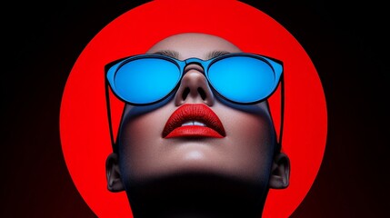 Radiant Gaze: Captivating close-up of a woman, her face framed by striking sunglasses and a bold red circle backdrop. Reflecting a modern aesthetic.