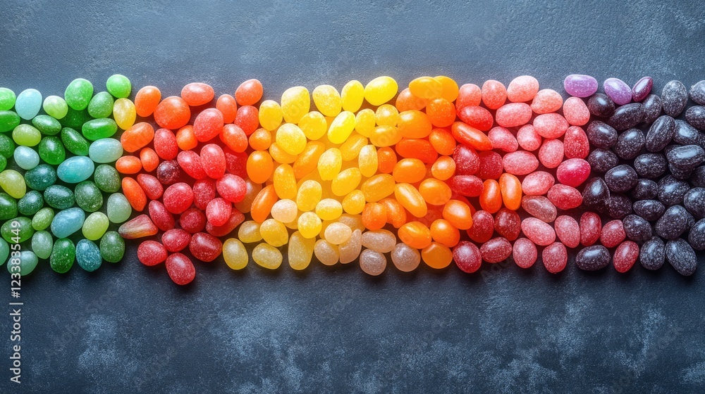 Poster vibrant top view of assorted jelly beans arranged in rainbow order with empty space for text on text
