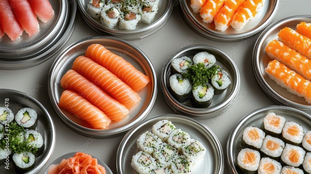 Poster assorted sushi rolls displayed on metallic plates with chopsticks in a top view arrangement for a cu