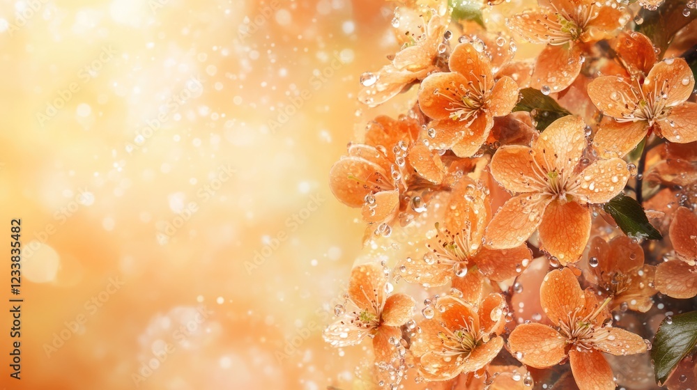 Poster sunlit orange blossoms adorned with dew drops on a hawthorn tree conveying warmth and serenity with 