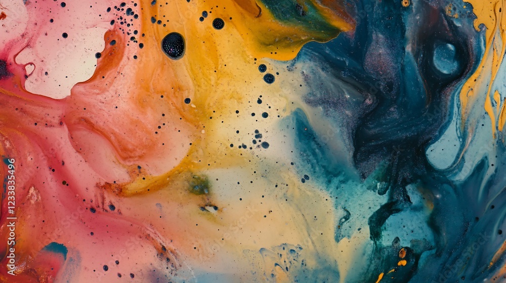 Poster fluid abstract art with swirling colors and dark bubbles creating dynamic movement