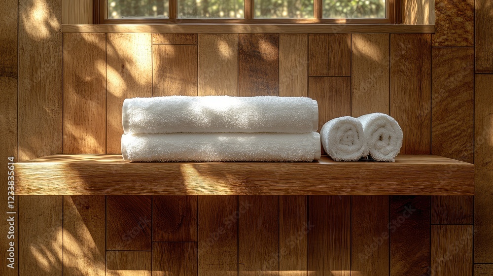 Poster elegant white towels neatly arranged on a rustic wooden shelf in a serene bathroom setting with natu