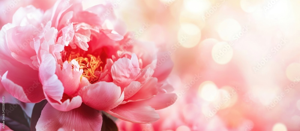 Poster close-up of pink peony flower with soft bokeh background and copy space for text placement. ideal fo
