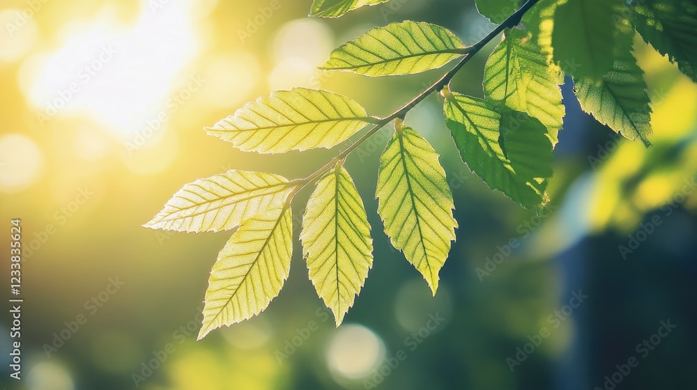 Poster sunlight shining through green leaves with feather-like texture and space for text in natural settin