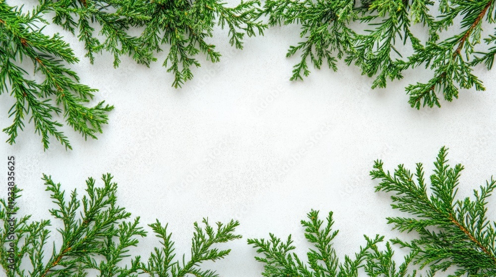 Poster winter flat lay of lush pine branches featuring minimalistic green decorations on a snowy background