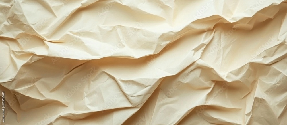Poster crumpled beige paper texture background with folds and creases in soft lighting, ample copy space