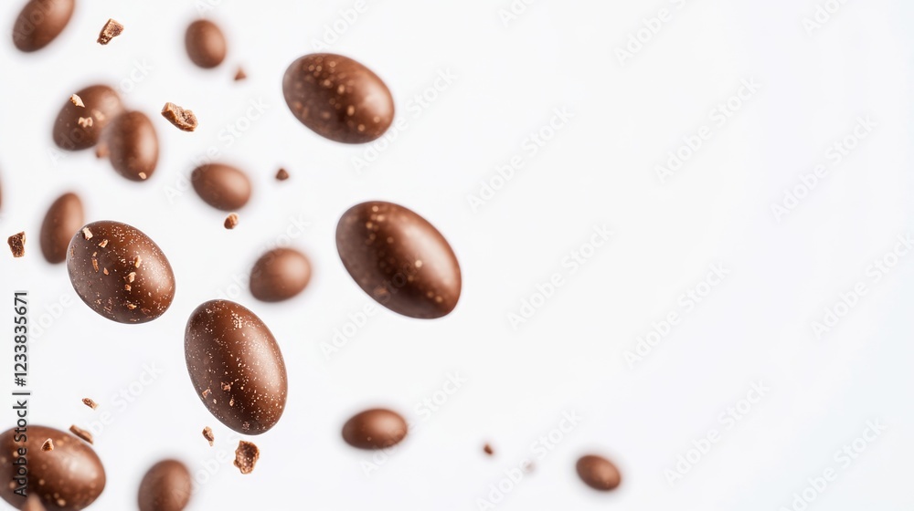Poster tan chocolate mini eggs in midair on white background with empty space for text overlay and advertis