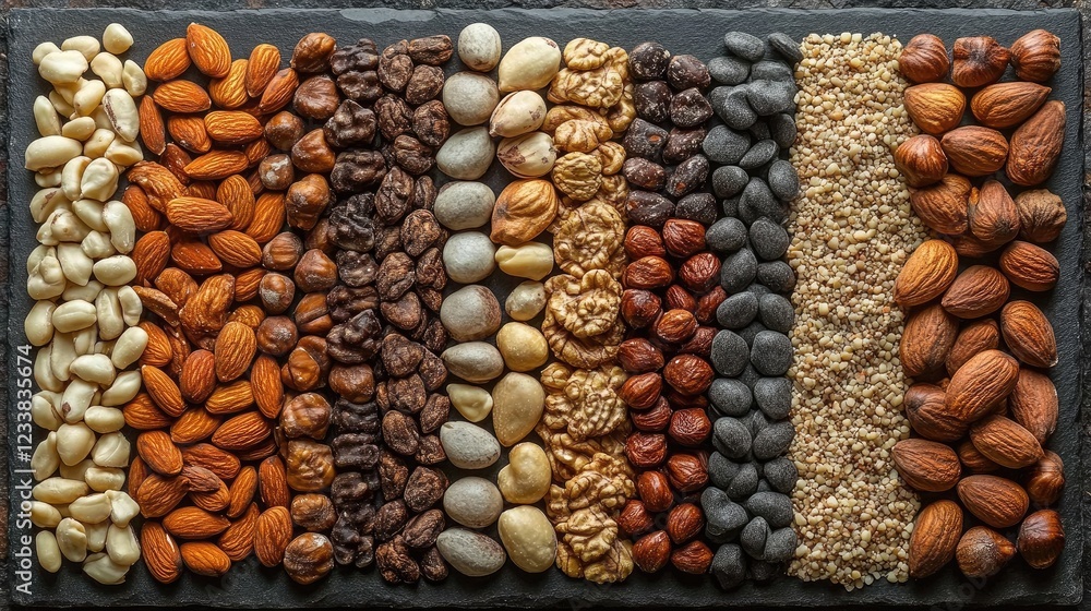 Poster assorted nuts variety displayed in a top view arrangement on a slate background