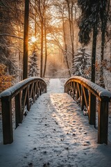 Obraz premium Bridge and hiking trail in snow covered forest in winter