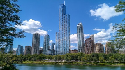 Fototapeta premium City Skyline View with River and Blue Sky and Buildings and Trees, city landscape