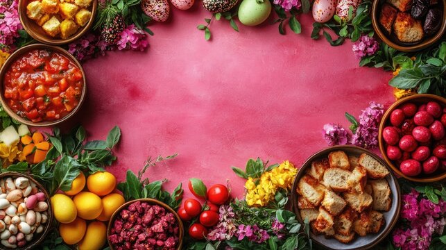 Easter dinner flat lay with vibrant dishes and fresh flowers creating a colorful frame for springtime celebration and festive gatherings