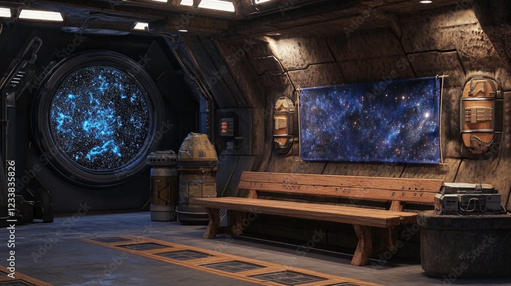 Aufkleber rustic wooden bench and modern indigo tapestry in a futuristic spacecraft hangar creating a serene a