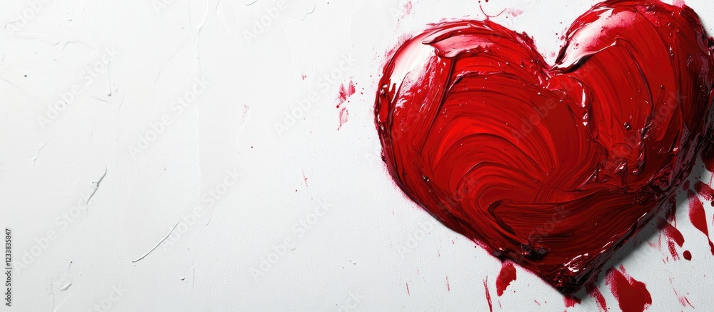 Poster red paint heart shape with texture on white background with copy space for text placement