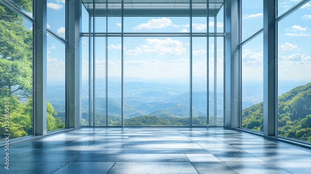 Poster modern glass elevator with breathtaking scenic view and ample copyspace for text in a contemporary a