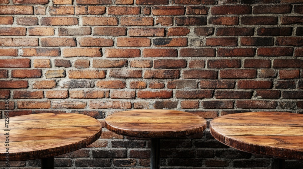Aufkleber three rustic wooden tables against a textured brick wall with blank space for your custom text or de