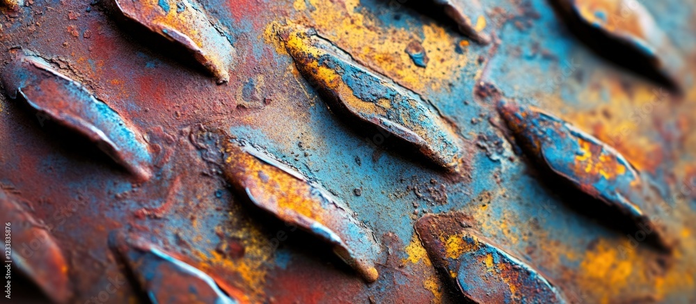Poster textured surface of rusty metal with blue and orange hues showcasing weathered patterns and details 