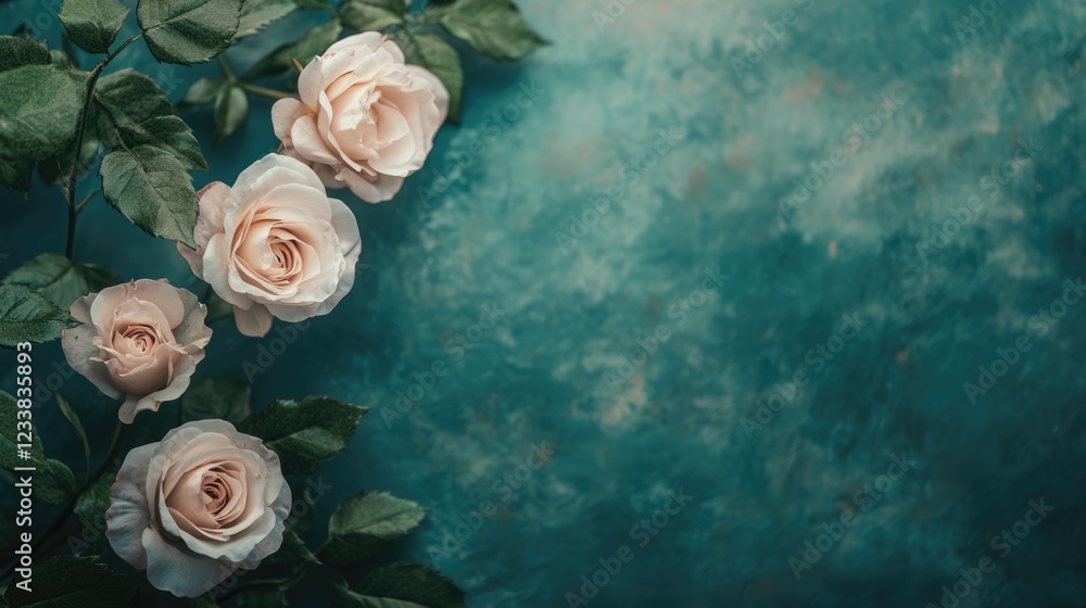 Aufkleber elegant close-up of soft pink roses against a textured teal background with ample space for text or 