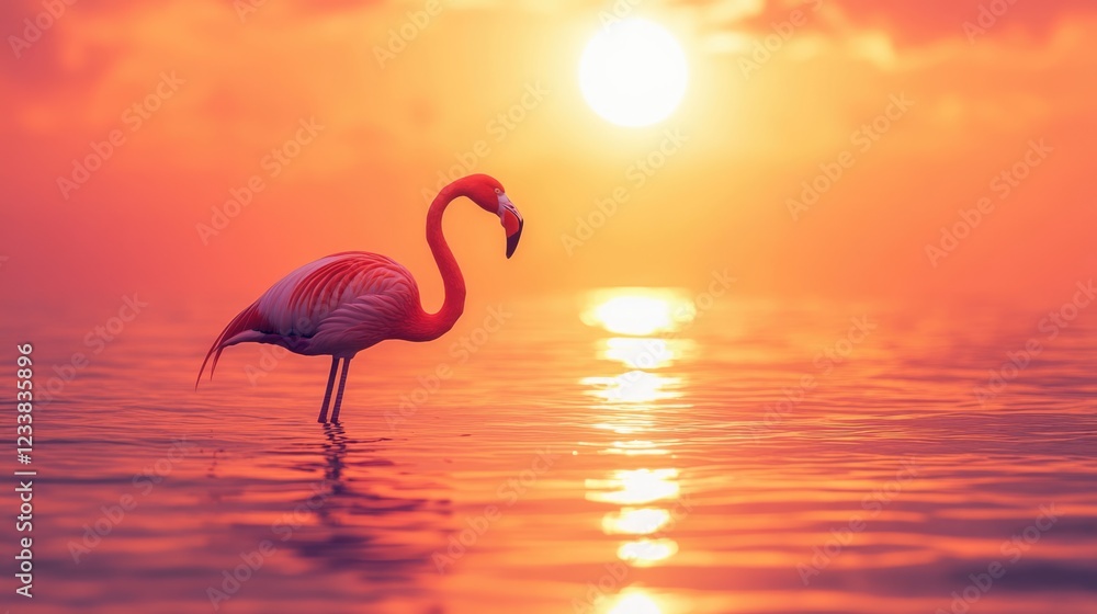 Poster elegant flamingo standing in serene waters during sunset with vibrant colors and ample space for tex