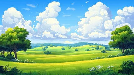 Naklejka premium Lush Green Rolling Hills Under a Summer Sky