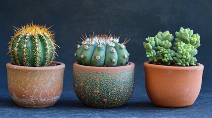 Three potted succulents in terracotta pots on a dark background