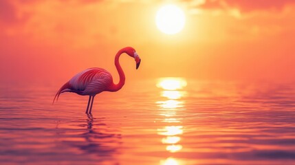 Elegant flamingo standing in serene waters during sunset with vibrant colors and ample space for text placement.