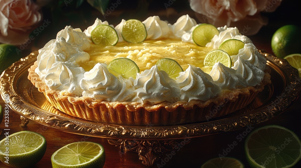Poster key lime pie adorned with whipped cream and lime slices on a golden tray surrounded by fresh limes a