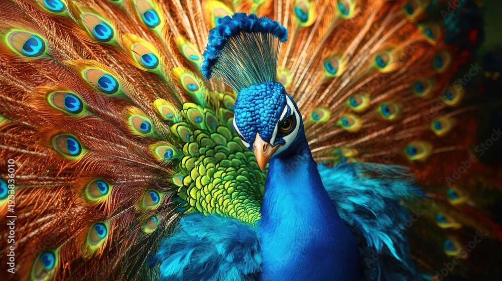 Poster vibrant peacock displaying its colorful feathers with intricate patterns and rich textures and copy 