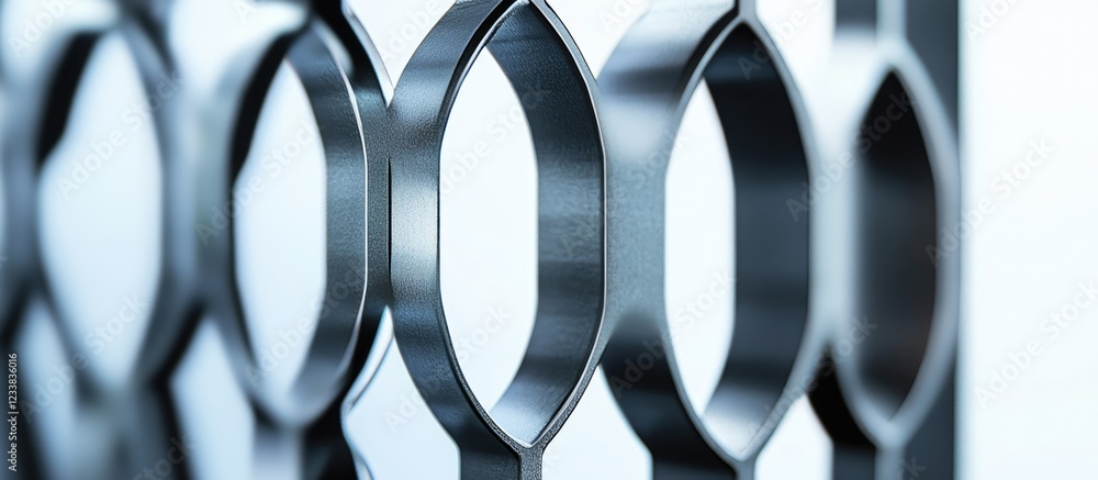Poster close-up view of modern metal pattern with circular cutouts against a soft background copy space