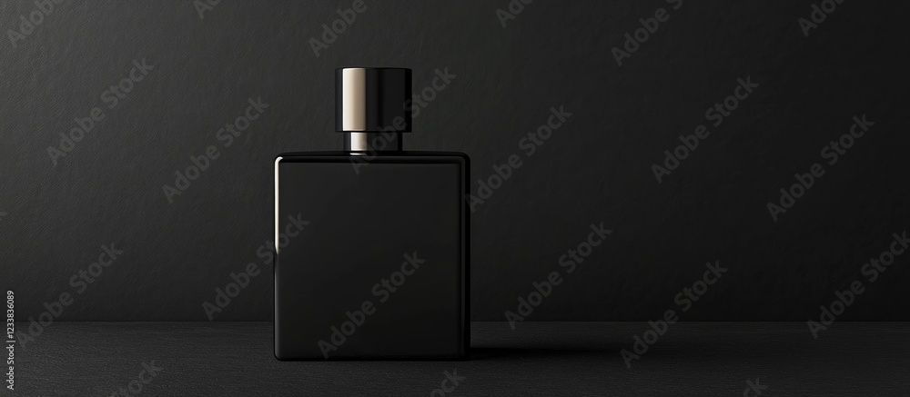 Poster minimalist black square fragrance container on dark background for elegant perfume packaging adverti